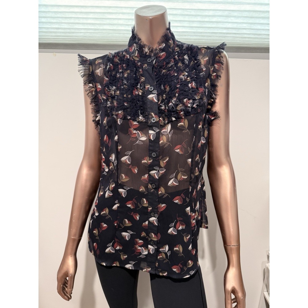 Banana Republic Black Floral Sleeveless Chiffon Blouse Ruffle Neck Boho Chic/L
